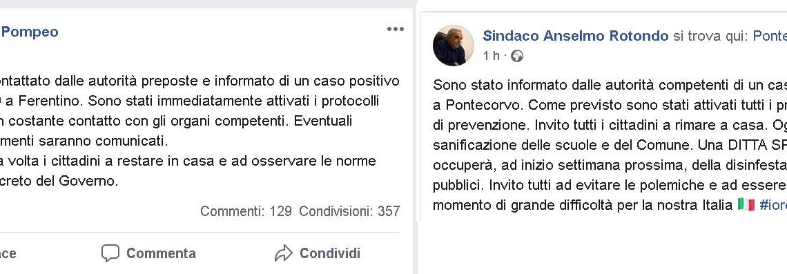 Coronavirus, un caso a Pontecorvo ed uno a Ferentino. Lo dicono i sindaci su Facebook